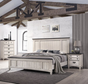 English Elm 1pc Rustic Industrial Queen Panel Bed with Cutout Headboard and Bench-Style Footboard, Solid Wood Finish Beige+Brown 85 L x 40.25 W x 6.15 H B011S01347