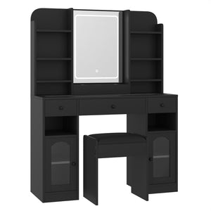English Elm 43.2" Bedroom Dressing Table with Rgb Lit Glass Cabinets Led Mirror and Charging Station Black N704P407114B