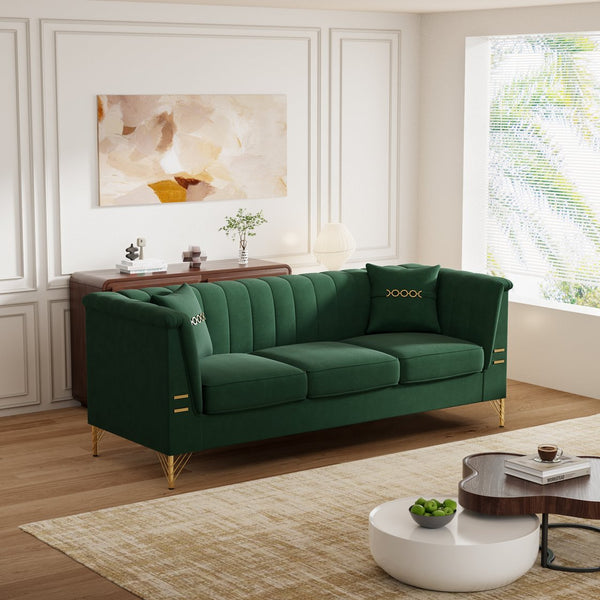 English Elm Fx-P82-Gr3 Modern Velvet Green Chesterfield 3-Seater Sofa With 2 Pillows - Stylish Comfort For Living Room W576S00219
