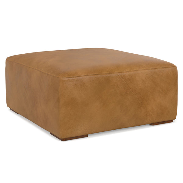 English Elm Rex Brown Sienna Leather Ottoman — Modern Boxy Footrest or Coffee Table, Solid Wood Frame, 36.6" x 34.7" B136P203410