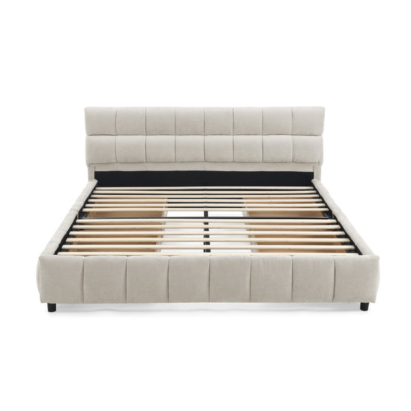 English Elm Queen Chenille Upholstered Platform Bed with Storage Drawers and Padded Headboard Beige W487P235287