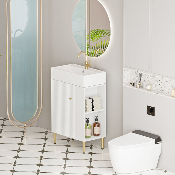 English Elm 21.6" Bathroom Vanity with Ceramic Sink Open Shelving Soft Close Cabinet White W1573S00022