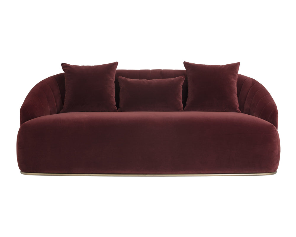 Sunpan Astrid Sofa - Elegant Channel Tufted Velvet Design with Antique Brass Frame for Luxurious Comfort Merlot