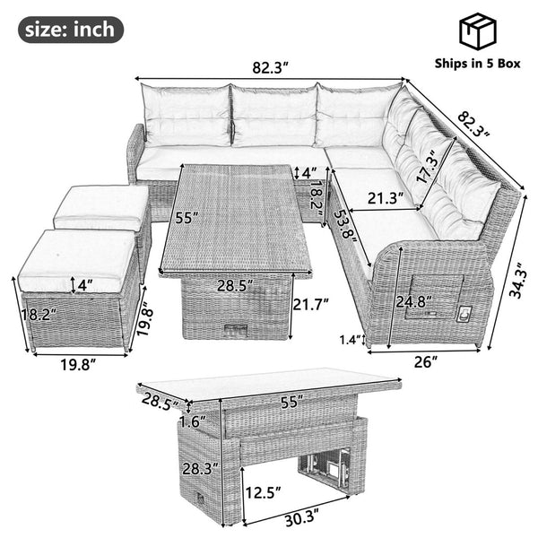 English Elm Outdoor Furniture Set: Modern Rattan Patio Set With Adjustable Recliners, Glass Tables & Ottomans N719Z000120E-GIGA