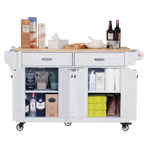 English Elm Kitchen Island Rubber Wood Countertop Mobile Cart with Towel & Spice Racks, Drawers, Storage Wheels White W914P147990