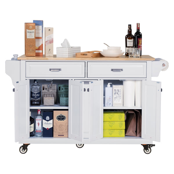 English Elm Kitchen Island Rubber Wood Countertop Mobile Cart with Towel & Spice Racks, Drawers, Storage Wheels White W914P147990