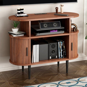 English Elm Large Mid Century Walnut Turntable Stand with Vinyl Storage and Built in Usb Charging W2641P442531