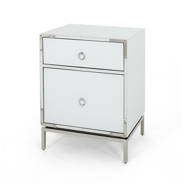 English Elm Christopher Knight Home® - Modern White End Table Nightstand with 2 Drawers, Mirrored Silver Trim & Legs, Compact Glass Bedside 65936.00