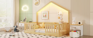 English Elm Twin Montessori Floor Bed House Frame with Led Lighting and Safety Rails for Kids W2593P440601