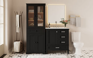 English Elm 67.57" Tall Matte Cabinet Vanity Combo with Glass Doors Soft-close Drawers Sink Black N729P000033B