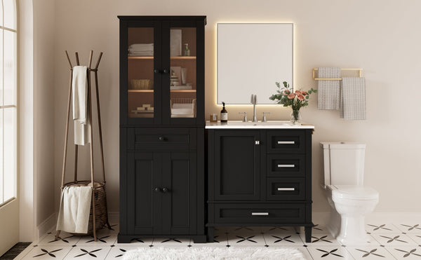English Elm 67.57" Tall Matte Cabinet Vanity Combo with Glass Doors Soft-close Drawers Sink Black N729P000033B