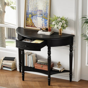 English Elm Trexm Farmhouse Half Moon Entryway Console with Drawer Open Shelf Pine Legs Black N715P383795B
