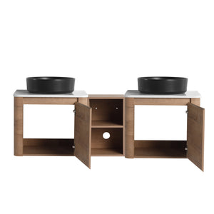English Elm 60'' Wall-Mounted Bathroom Vanity With Elegant Ceramic Art Sink & Soft-Close Door For Modern Spaces W999S00411