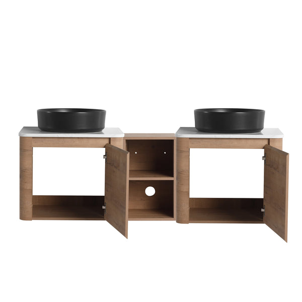 English Elm 60'' Wall-Mounted Bathroom Vanity With Elegant Ceramic Art Sink & Soft-Close Door For Modern Spaces W999S00411