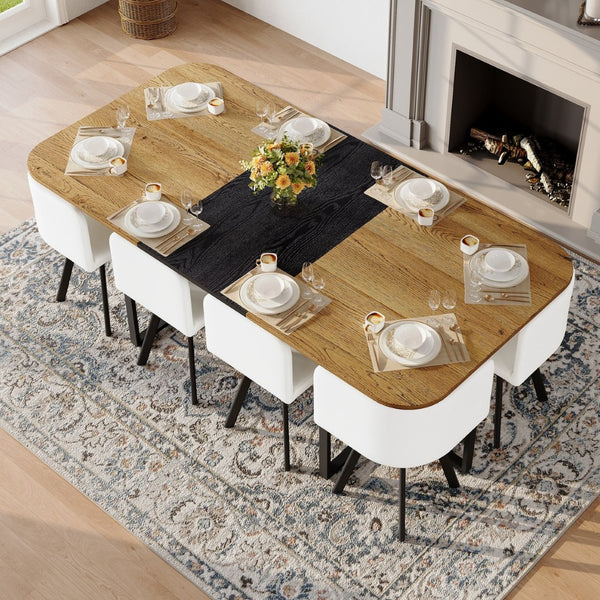 English Elm 9-piece Square Dining Set Two-tone Wood Tabletop with 8 White Pu Leather Chairs Modern W3875S00139