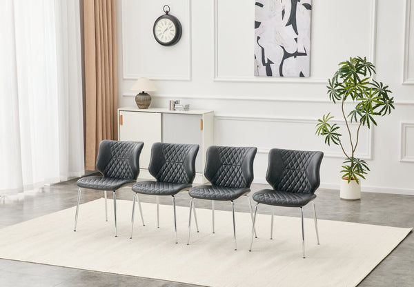 English Elm Dark Oil Waxed Faux Leather Dining Chair Set with Diamond Tufted High Back Metal Legs Dark Gray W3493P444883