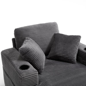 English Elm [New]Corduroy Upholstered Chaise Lounge Sofa with Detachable Cushions, Deep Seat, Cup Holders Grey W2120P322753