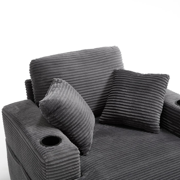 English Elm [New]Corduroy Upholstered Chaise Lounge Sofa with Detachable Cushions, Deep Seat, Cup Holders Grey W2120P322753