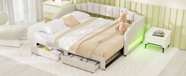 English Elm Twin Extendable Upholstered Daybed with Two Storage Drawers, LED Light, Slat Kit Included for Guests Beige N7500002061A