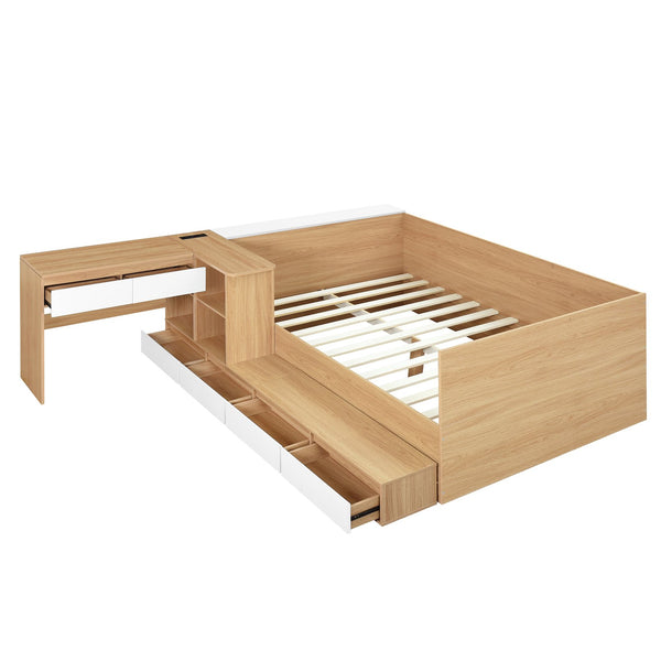 English Elm Full Size Wooden Platform Bed With 6 Drawers, Open Shelves & Dressing Table - Stylish & Functional! N820S00059N