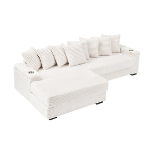 English Elm 111.4-inch Beige Corduroy Sectional Sofa with Storage Armrests and Reversible Chaise W1658S00131