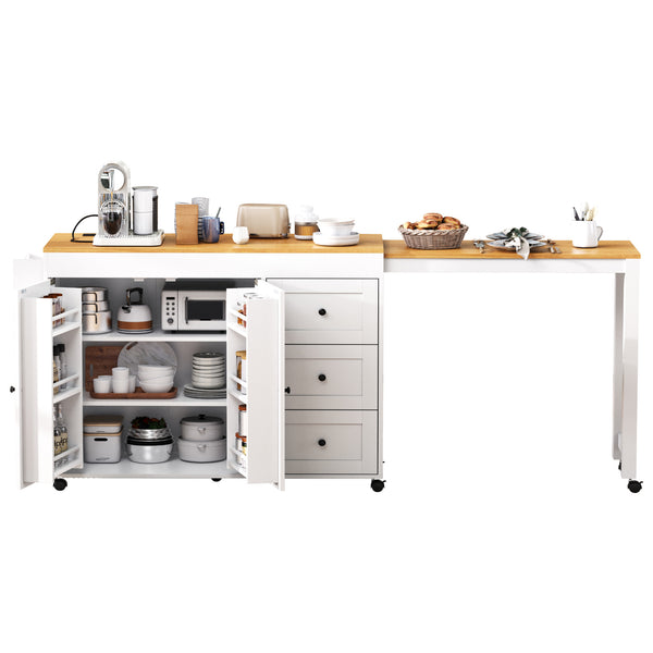 English Elm K&K 43.3" Kitchen Island with 27.6" Extendable Dining Table, Power Outlet, 7 Wheels, Ample Storage White N707P303401W