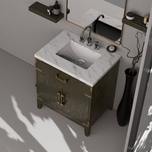 English Elm Brown Oak Single Sink Vanity Set With Carrara Marble Top, Chrome Faucet & 28" Mirror For Elegance B2731S02002