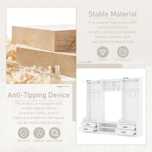 English Elm 4-in-1 Hall Tree with Bench, 7 Hooks, 2 Cabinets & 4 Drawers for Entryway Storage and Seating White W1580S00090