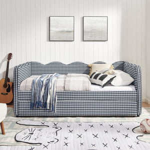 English Elm Full Size Gingham Linen Daybed with Wave Backrest Trundle and Usb Charging Port Navy W1413S00140