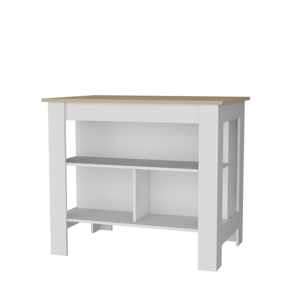 English Elm Aztec Kitchen Island Melamine with Open Shelves, Light Pine/White — Stylish Storage Centerpiece, 35.4"H B128P237143