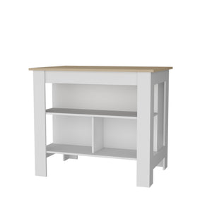English Elm Aztec Kitchen Island Melamine with Open Shelves, Light Pine/White — Stylish Storage Centerpiece, 35.4"H B128P237143