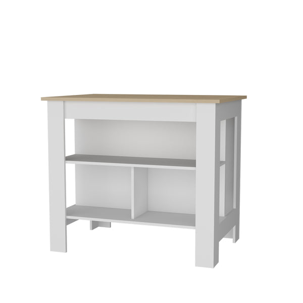 English Elm Aztec Kitchen Island Melamine with Open Shelves, Light Pine/White — Stylish Storage Centerpiece, 35.4"H B128P237143