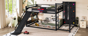 English Elm Twin Metal Loft Bed with Slide Basketball Hoop Climbing Wall and Built-in Shelves W1580S00343
