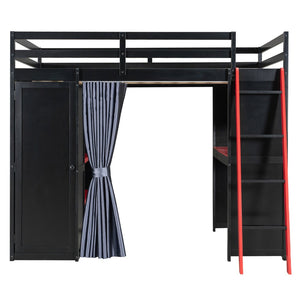 English Elm Full Size Wood Loft Bed with Wardrobe Desk Shelves Rgb Lighting and Blackout Curtains Black+Red LT000269AAJ-1