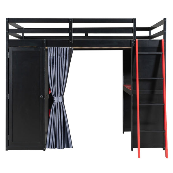 English Elm Full Size Wood Loft Bed with Wardrobe Desk Shelves Rgb Lighting and Blackout Curtains Black+Red LT000269AAJ-1