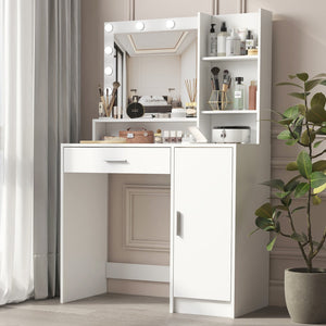 English Elm Vanity LED Mirror Dressing Table with Touch Controls, Large Drawer & Smart Storage for Bedroom White W2386P288809