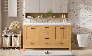 English Elm [video]59.3 Inch Wall Mounted Double Sink Vanity Wood Grain Mdf Soft Close Storage N729P000013O