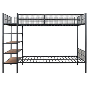 English Elm Twin Twin Over Full Metal Bunk Bed with 5-Tier Staircase Shelves, Space-Saving Storage & Wood Accents Black SF000175AAB