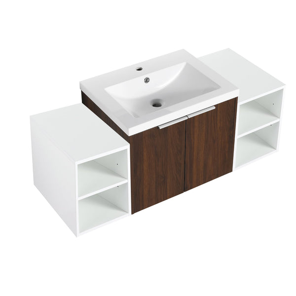 English Elm 48 Inch Wall Mounted Bathroom Vanity with Resin Sink, Soft-Close Doors, Metal Handles, Storage—Durable Eco Plywood California Walnut W999S00185