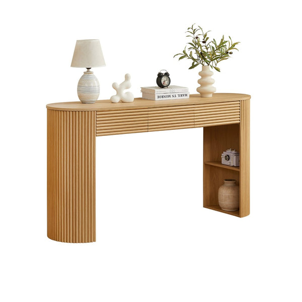 English Elm [video] Retro Fluted Console Table with 3 Drawers Open Niche Mid-century Entryway Natural N759P283616N