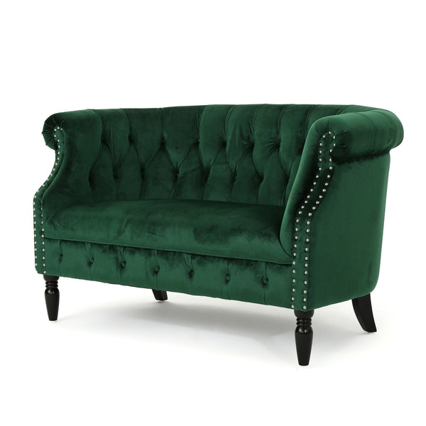 English Elm Christopher Knight Home® - LOVESEAT Chesterfield Velvet Loveseat with Deep Button Tufting, Scrolled Arms & Nailhead Trim for Elegant Comfort Emerald 61203.00NVLTEMD