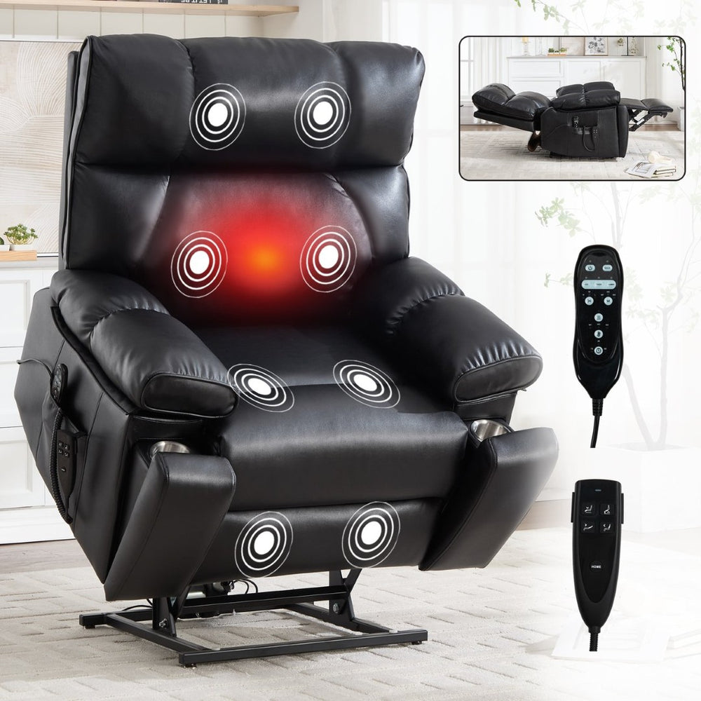 English Elm Black Leatheraire Power Lift Recliner with Massage Heat and 350 Lb Dual Motor W1803P340318