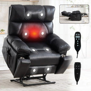 English Elm Black Leatheraire Power Lift Recliner with Massage Heat and 350 Lb Dual Motor W1803P340318