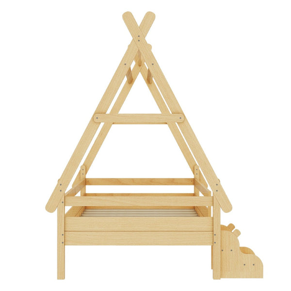 English Elm Twin House Shaped Platform Bed Solid Pine Frame with Built in Stairs for Kids W1580P354719