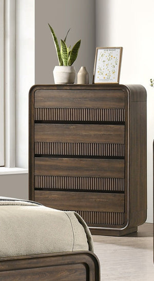 English Elm Mid-century Five Drawer Chest with Fluted Fronts and Dark Wood Grain Bedroom Storage B2741P457653
