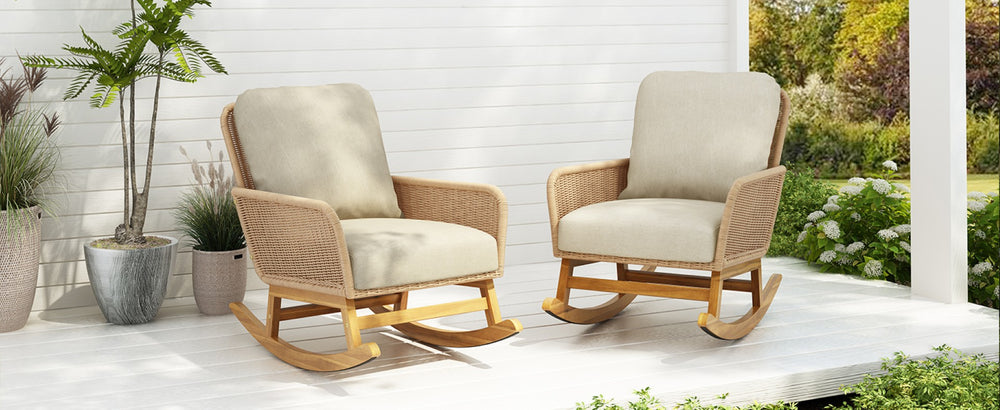 English Elm Contemporary Wicker Rocking Chair Pe Rattan Weave Wooden Frame Plush Cushions Patio Beige N767P229004N_2