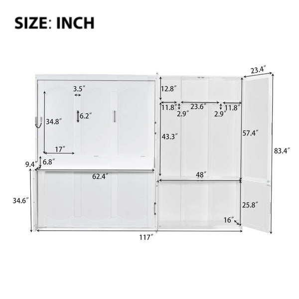 English Elm Queen Murphy Bed with Wardrobe Cabinet Hydraulic Lift Mdf Space Saving Wall Unit White LP000581AAK-1