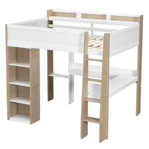 English Elm Full Size Wood Loft Bed With Desk, Wardrobe & Storage Shelves - Stylish Space-Saving Solution! N7090005007K
