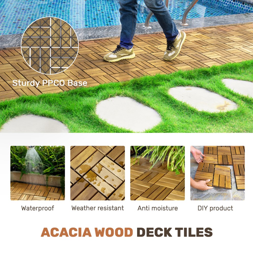 English Elm 20 Interlocking Deck Tiles Checker Pattern 12" Square Acacia Hardwood Outdoor Flooring Waterproof Durable Finish Yellow W2391P288864