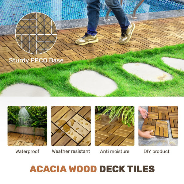 English Elm 30 Interlocking Deck Tiles Checker Pattern 12" x 12" Acacia Hardwood Outdoor Flooring Waterproof, DIY-Friendly, Mold-Resistant Yellow W2391P288867